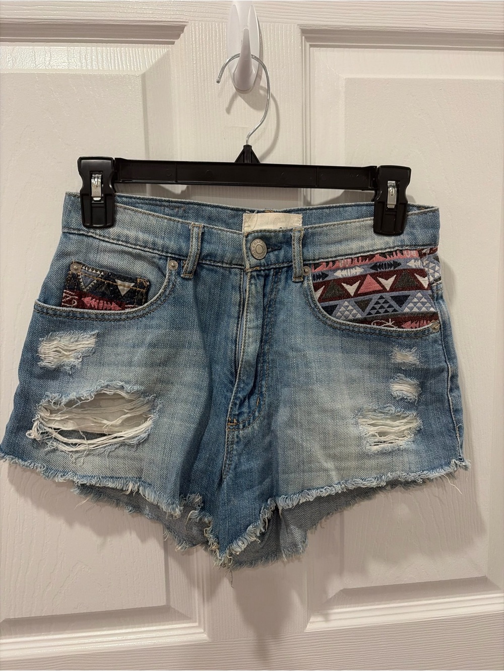 Light Blue Distressed Denim Shorts with Festival Pocket Trim